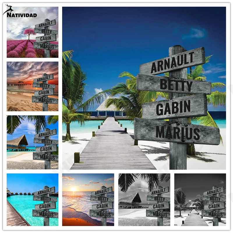 

Custom 1-10 Names Nordic Posters and Prints Sunset Beach Landscape Canvas Painting Wall Art Pictures for Living Room Home Decor