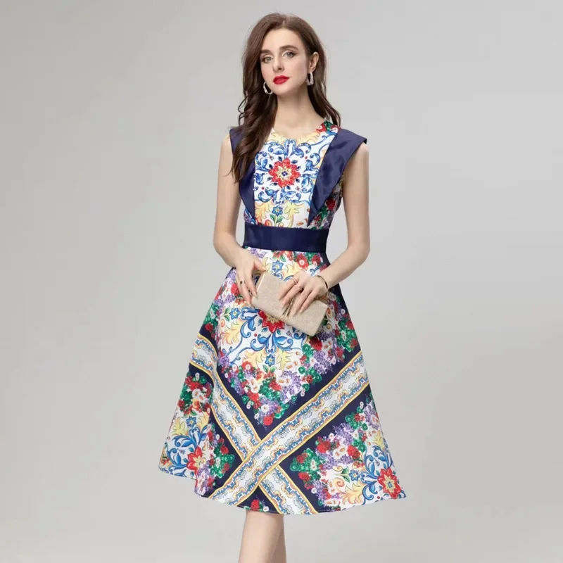 2024 новое летнее женское платье с круглым вырезом без рукавов украшенное стразами