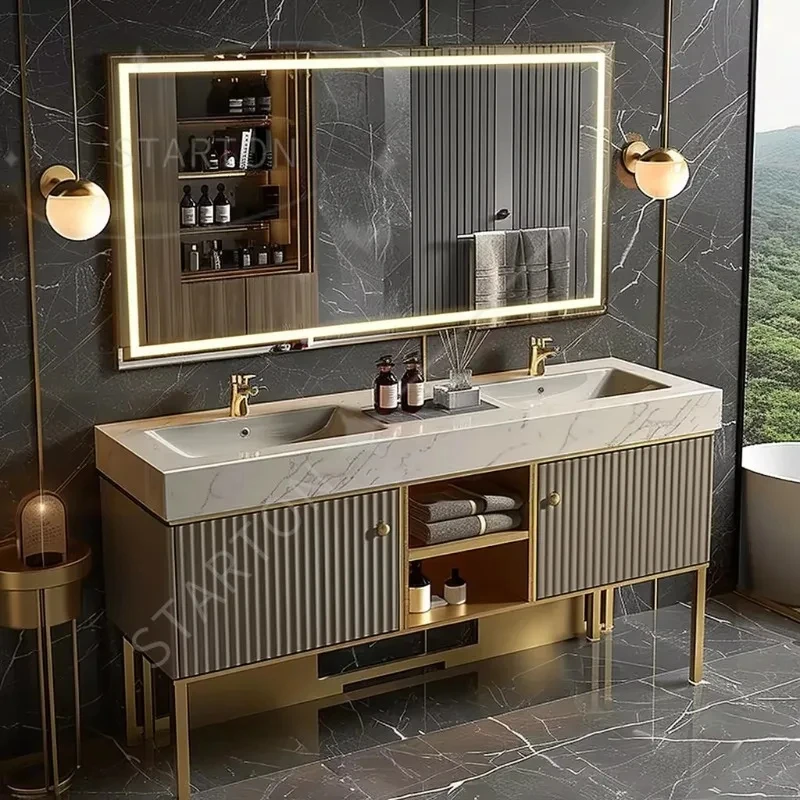 Фото Комплект мебели для ванной комнаты в стиле бревенчатой стены из Corian Dupont на заказ с интегрированной раковиной, также подходит для кухни, мебель для главной ванной комнаты №2