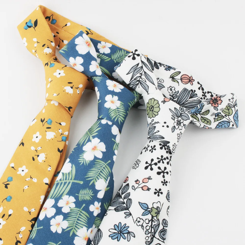 Галстук мужской льняной с цветочным принтом 6 см |