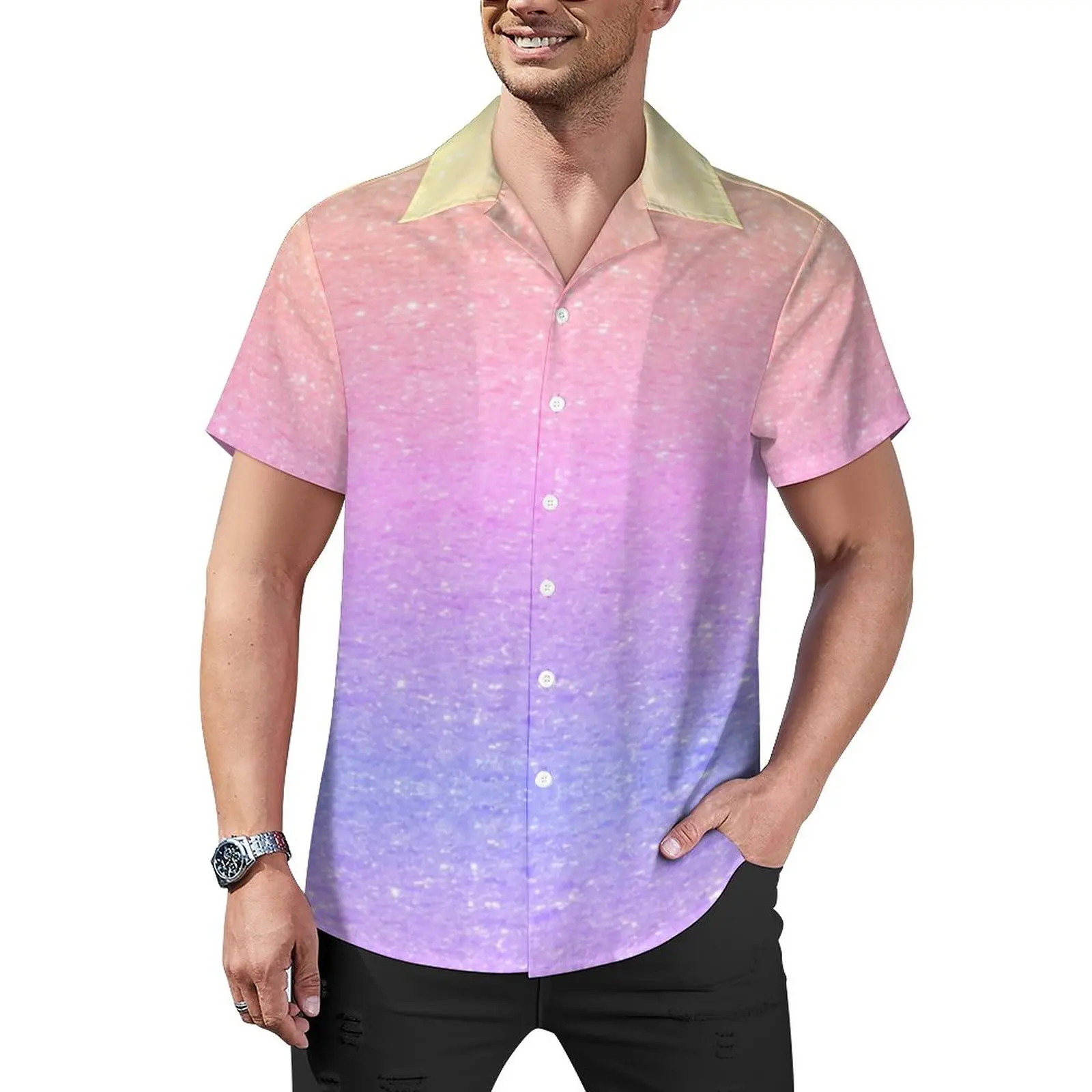 

Рубашка для отпуска с блестками Омбре, элегантная разноцветная Летняя Повседневная сорочка с коротким рукавом, крутая с графическим принтом, большие размеры