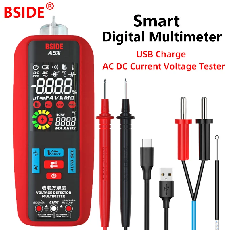 

BSIDE USB Charge Smart Digital Multimeter 6000 Counts T-RMS DC AC Voltage Current Auto Range Capacitance Ohm Temp Diode Hz NCV