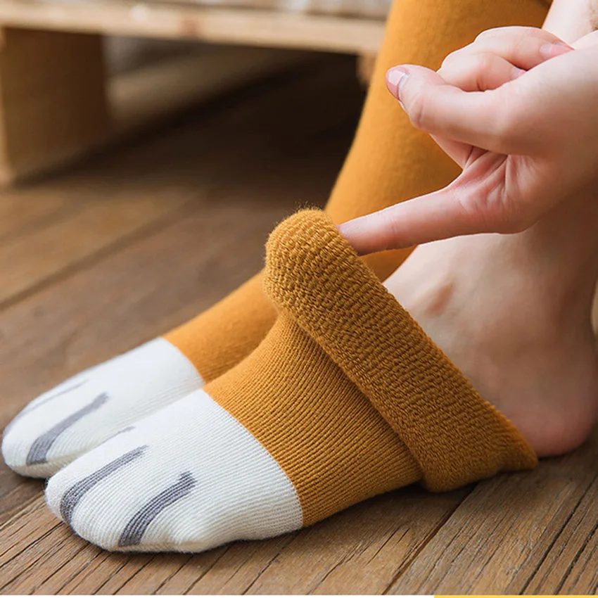 6 Pairs Pack Cute Cat Paw Autumn Winter Women Funny Cartoon Cotton Socks Harajuku Soft Gift For Ladies Middle Tube Crew Socks