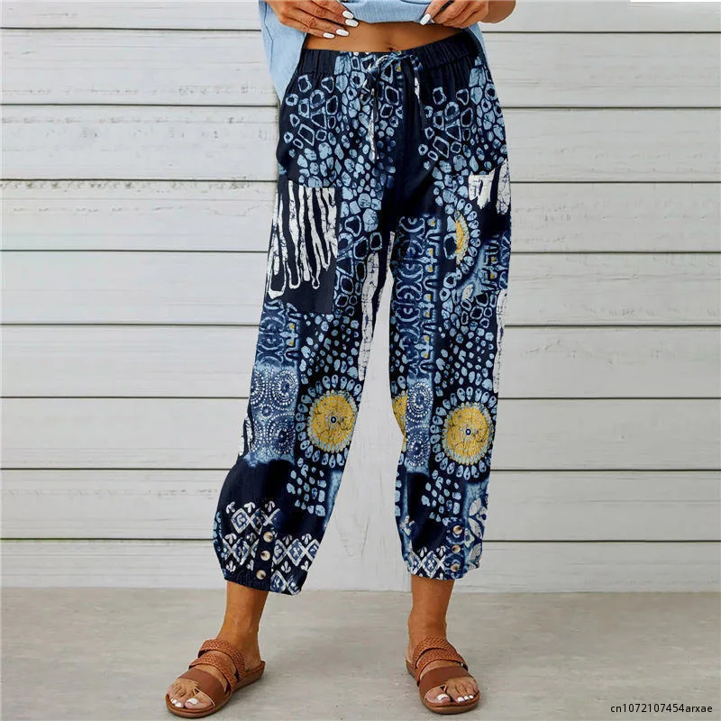 Female Casual Loose Elastic Waist Sweatpants Summer Cotton Linen High Waist Trousers Women Vintage Harajuku Printed Beach Pants