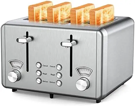 

4 Slice Toaster Stainless Steel,Toaster-6 Bread Shade Settings,Bagel/Defrost/Cancel with Dual Control Panels,Extra Wide Slots,R