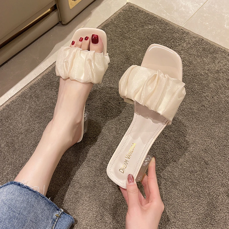 

Square Toe Shoes Woman's Slippers Glitter Slides Med Platform Fashion 2022 Jelly Block Flat Luxury PU Basic Female Shoes Slipper