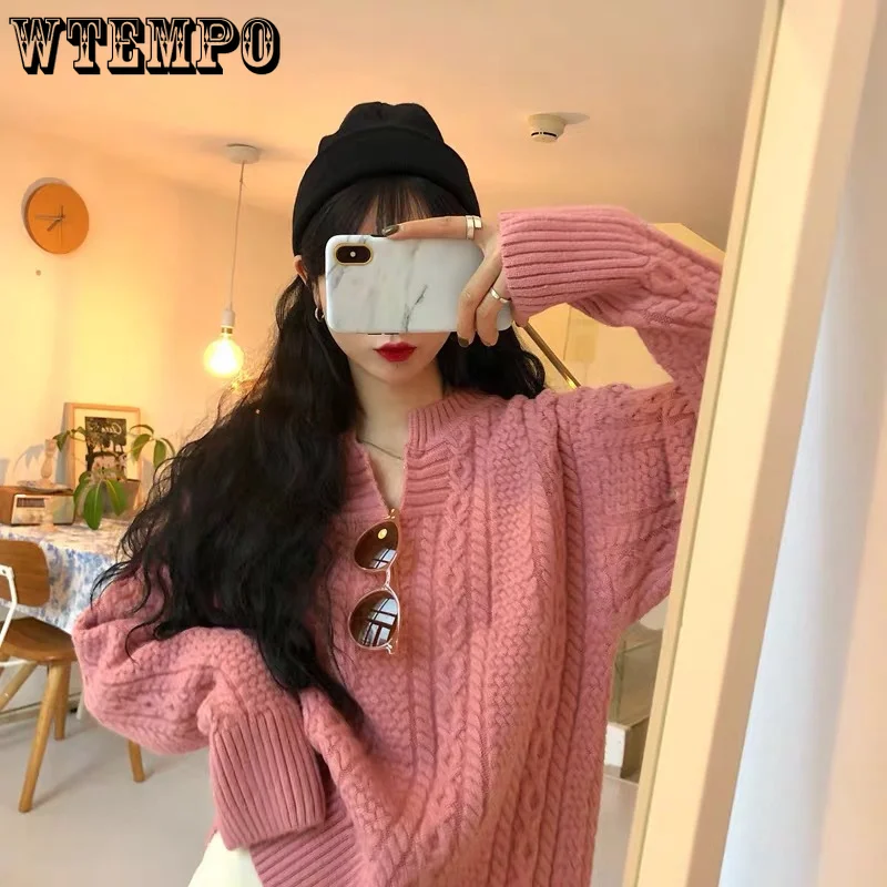 

WTEMPO Women's Sweater V-neck Pullover Long Sleeve Solid Korean Fashion Knitwear Women's Top Undercoat Winter Clothes Women