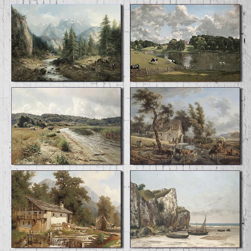 Винтажная ветряная мельница деревенский дом овца крупный рогатый скот лесной