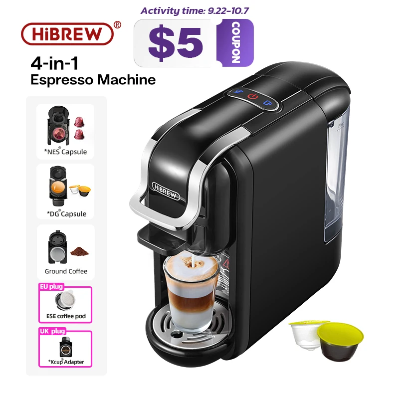 Кофемашина HiBREW, 19 бар, 4 в 1, несколько капсул, кофеварка для эспрессо, молоко и эспрессо, капсулы ESEpod, Кофеварка H2 Кофемашина HiBREW, 19 бар, 4 в 1, несколько капсул, кофеварка для эспрессо, молоко и эспрессо, капсулы ESEpod, Кофеварка H2