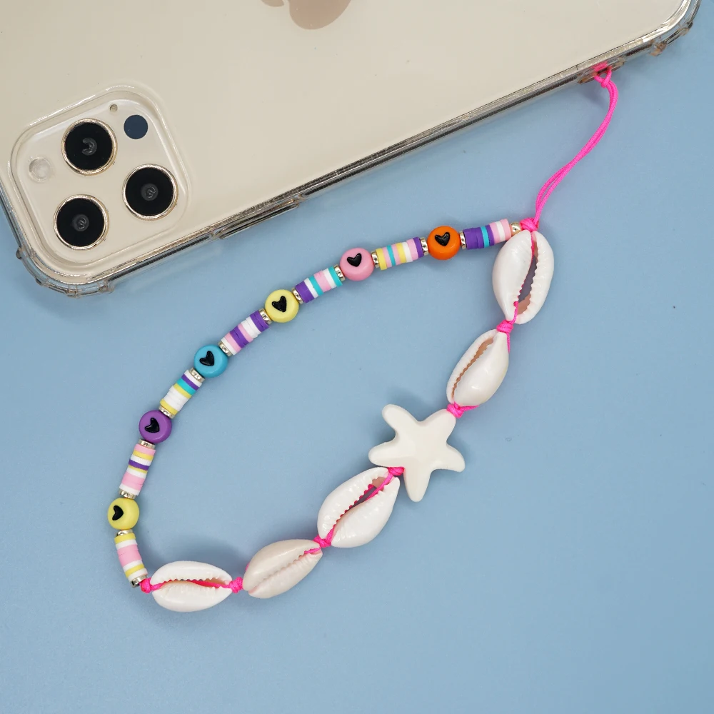 

YASTYT Seashell Cell Phone Chain Star Strap Beads Random Color Heart Summer Shell Colorful Heishi Chains Lanyard Length 25cm