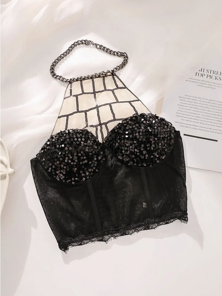 

2023 sexy hot girl chain neck tops with suspender chest padded vest fishbone sequin bra tops