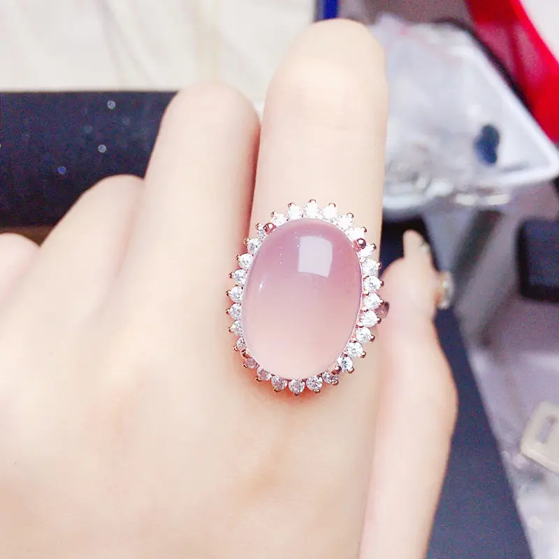 Женское кольцо из настоящего розового кварца серебряное с драгоценным камнем 11