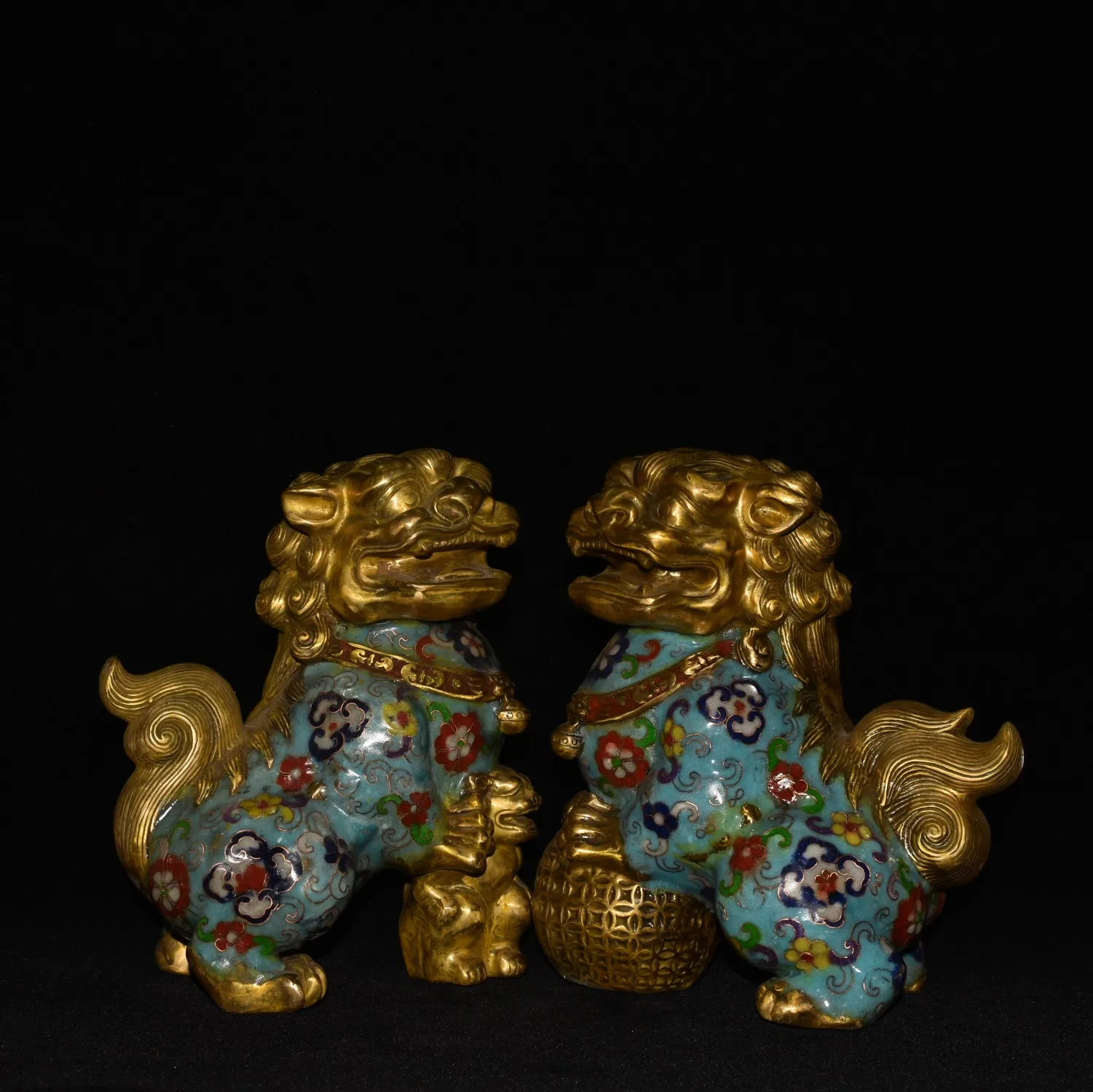 

8"Tibet Temple Collection Old Bronze Cloisonne Enamel Lion Mythical Animals Gate Lion A pair Ornaments Town house Exorcism