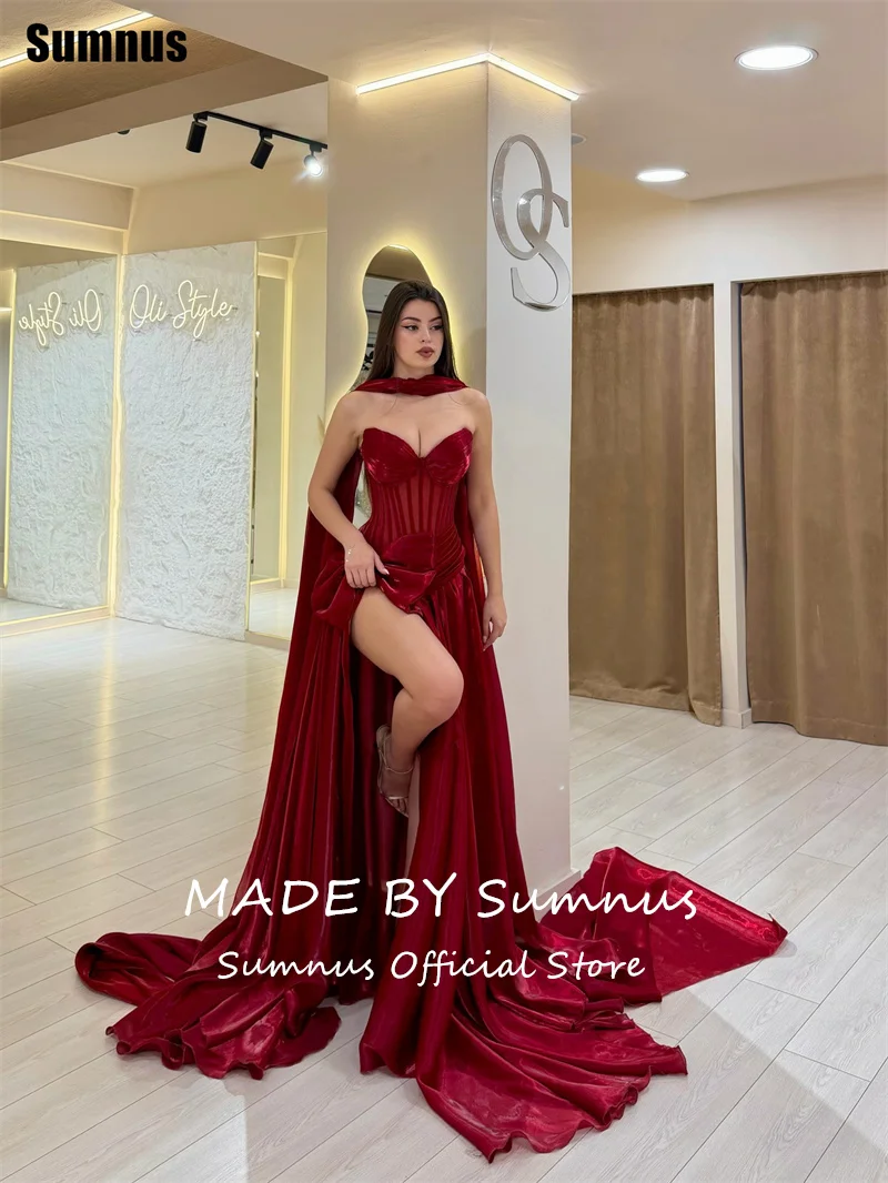 Фото Вечерние платья Sumnus Charming A-Line красного цвета из органзы с эффектом «жидкости», с иллюзионным бантом и высоким разрезом, макси-платья для выпускного бала 2026, нарядные платья, индивидуальный пошив №4