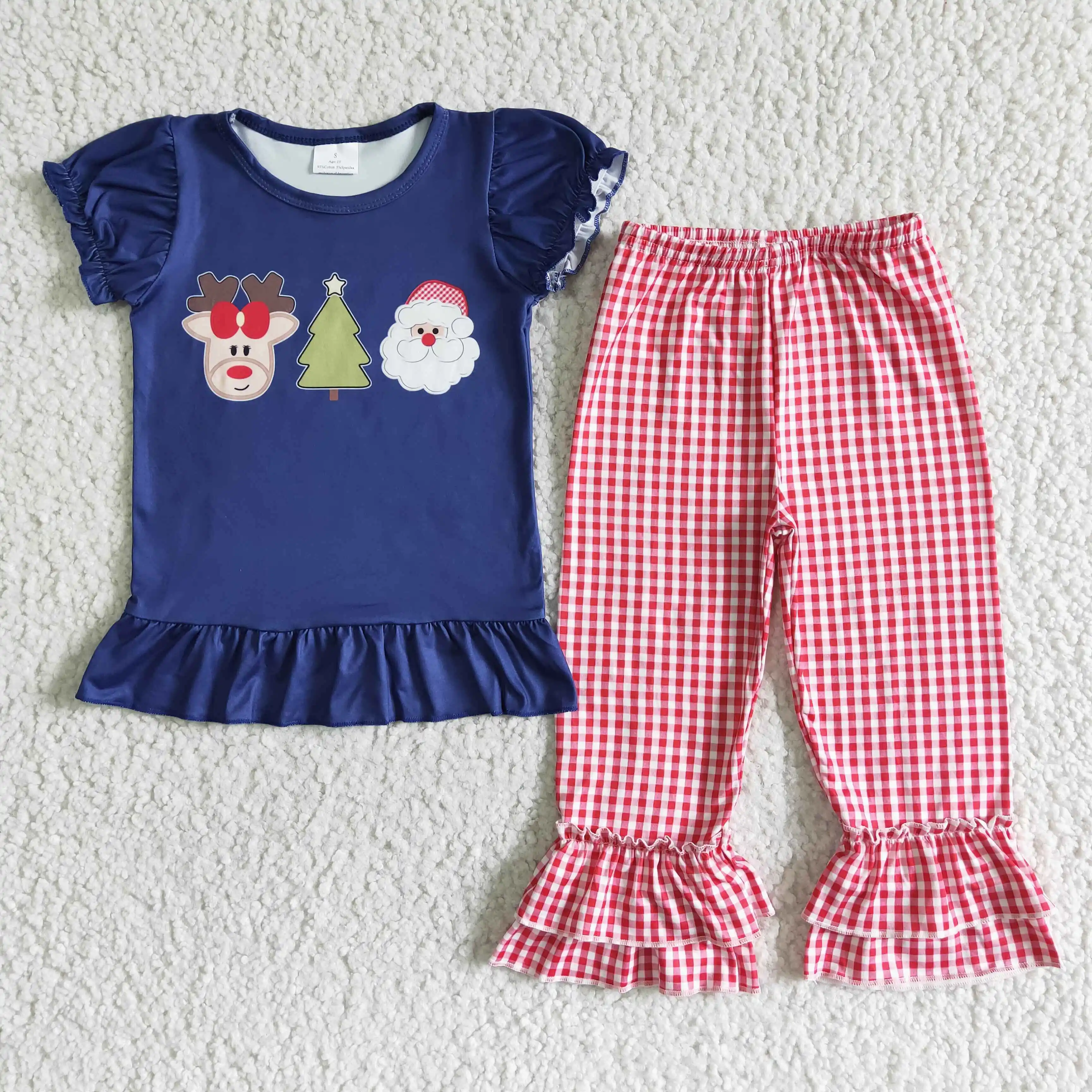 

girl christmas tree and santa deer pattern embroidery top match plaids pants set