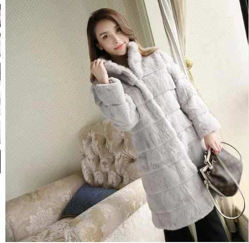 genuine New women's Real natural rabbit fur coat girl's fashion striped stand collar jacket outwear custom any size