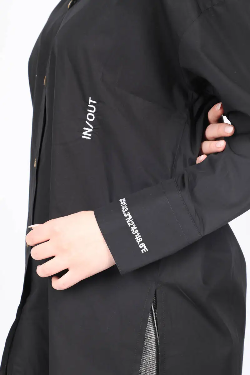 

Women Black Slit Embroidered Boyfriend Shirt
