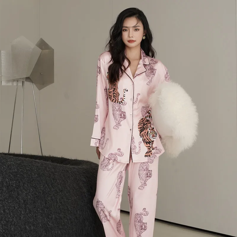 Chic Tiger Print Long Sleeve Pajamas Set For Women Spring Summer Ice Silk Loose Homewear Clothing Lady Sleepwear Night Suits
