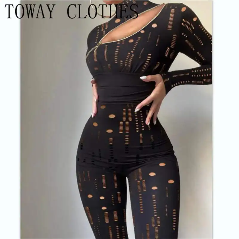 

Women Sexy Summer Hollow Out High Neck Zip Front Skinny Jumpsuit Night Out Overalls