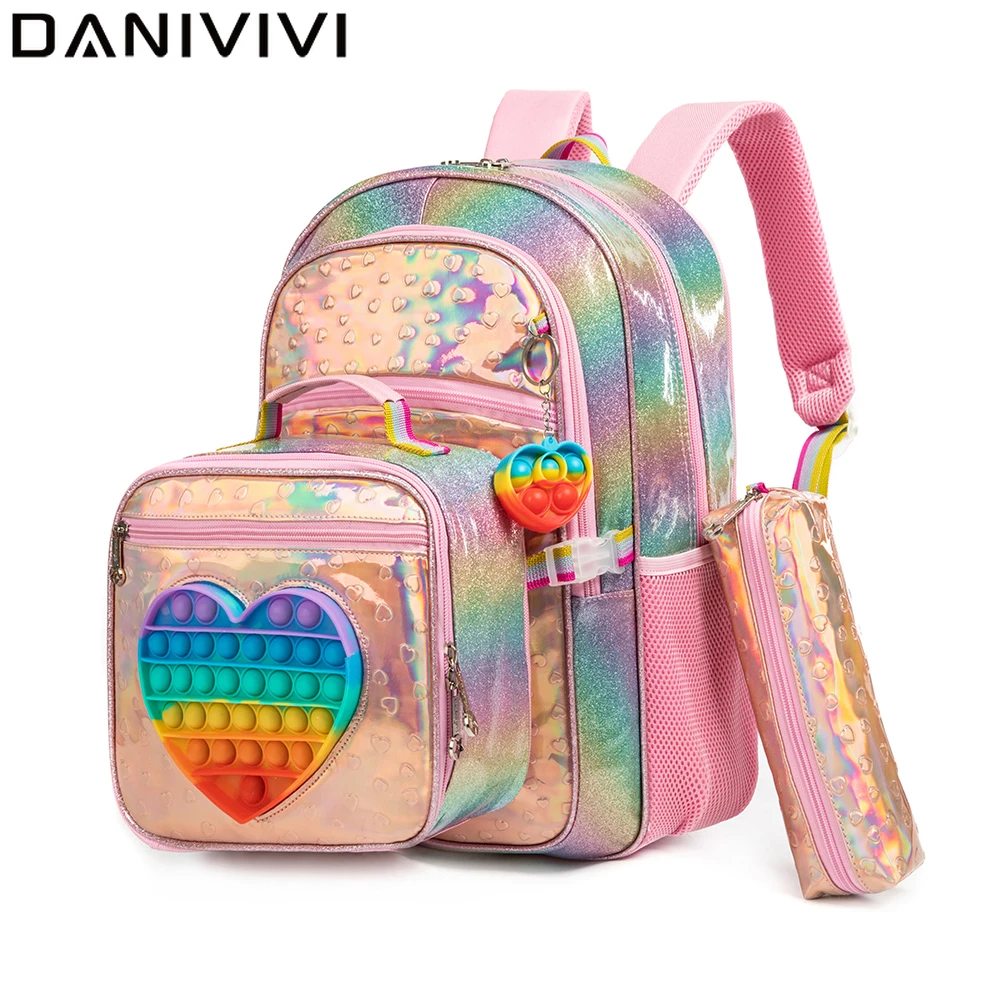 New Cute Love Girls' school backpack mochilas for Elementary School Bags with Lunch Box Kids Pink Backpack Set for Girls Age 6-8