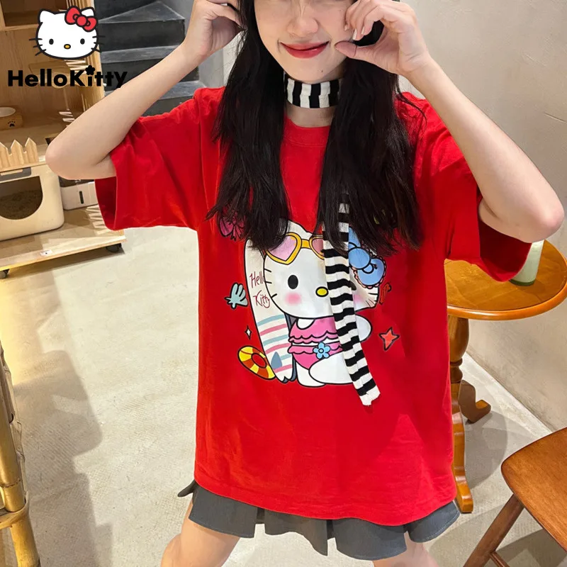 

Женская футболка с коротким рукавом Sanrio, свободная футболка с мультяшным принтом Hello Kitty в Корейском стиле, Y2k, Летний сезон
