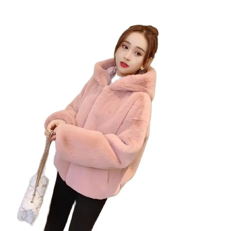 

Korean Simple Wind Coat Women's New Autumn and Winter Clothes Thickened Zipper Hooded Mink Fluffy Loose Short Style Fur Coat