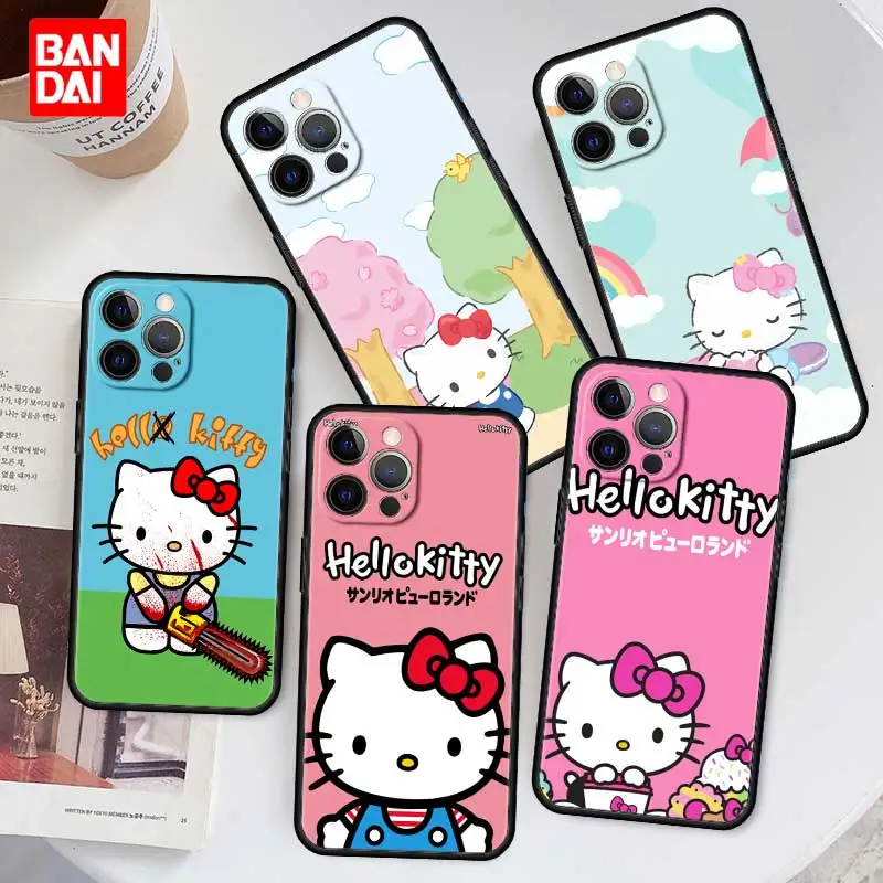 

Hello Kitty Sanrio Case for iPhone 13 12 11 Pro Max SE 2020 12pro 13pro Mini Coque Black Cover Casing Matte Silicone Thin Couple