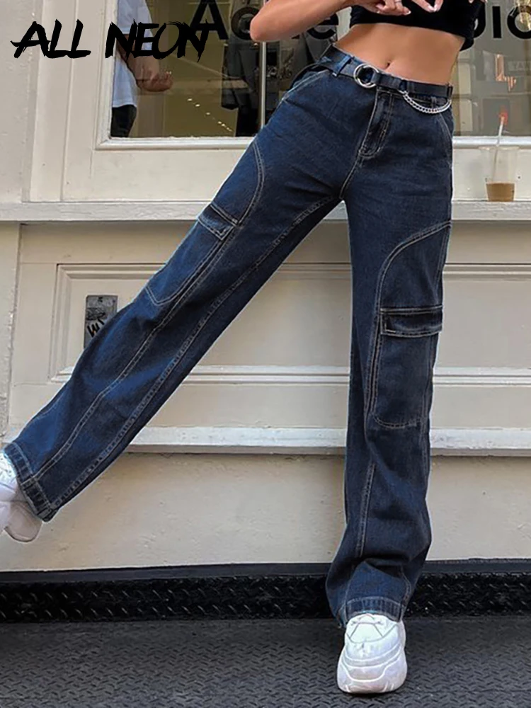 

Женские винтажные мешковатые джинсы ALLNeon в стиле 90-х с высокой талией, длинные джинсовые брюки-карго в стиле ретро с карманами и широкими шта...