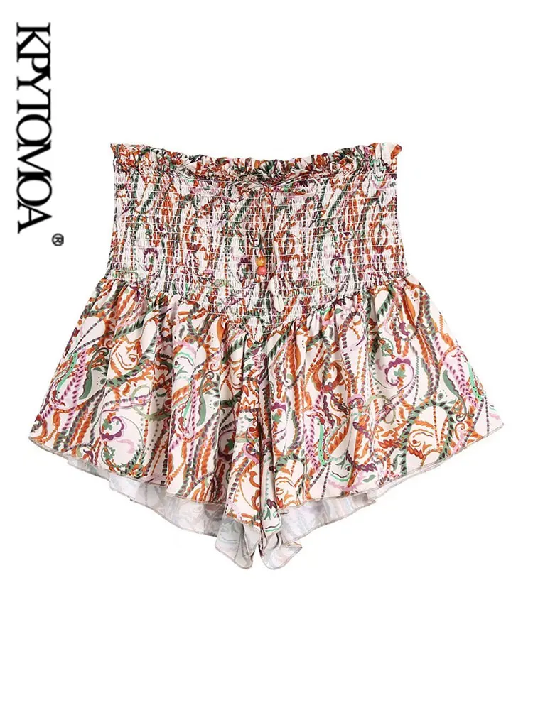 

KPYTOMOA Women Fashion Printed Smocked Shorts Vintage High Waist With Adjustable Drawstring Female Short Pants Mujer