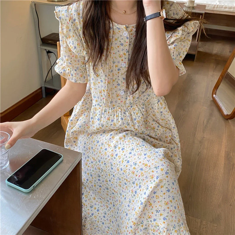 Nightgown Women Cotton Floral Short Sleeve Sleepwear Loose Korean Ruffles Sweet Summer Dress Nightdress Sleepshirt Home Clothes
