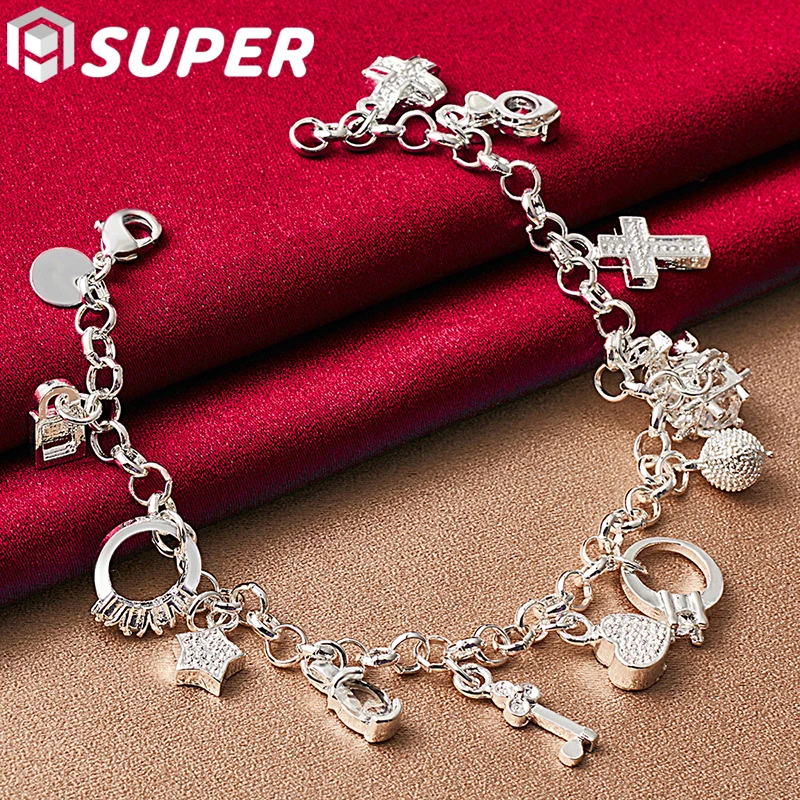 

925 Sterling Silver Moon Heart Lock Cross Bracelet Chain For Man Women Charm Wedding Engagement Party Fashion Jewelry