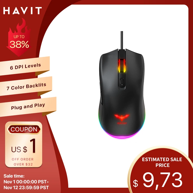  Havit RGB Gaming Mouse Wired PC Gaming Mice with 7 Color Backlight 6 Buttons Up to 6400 DPI Computer USB Mouses Black MS732 