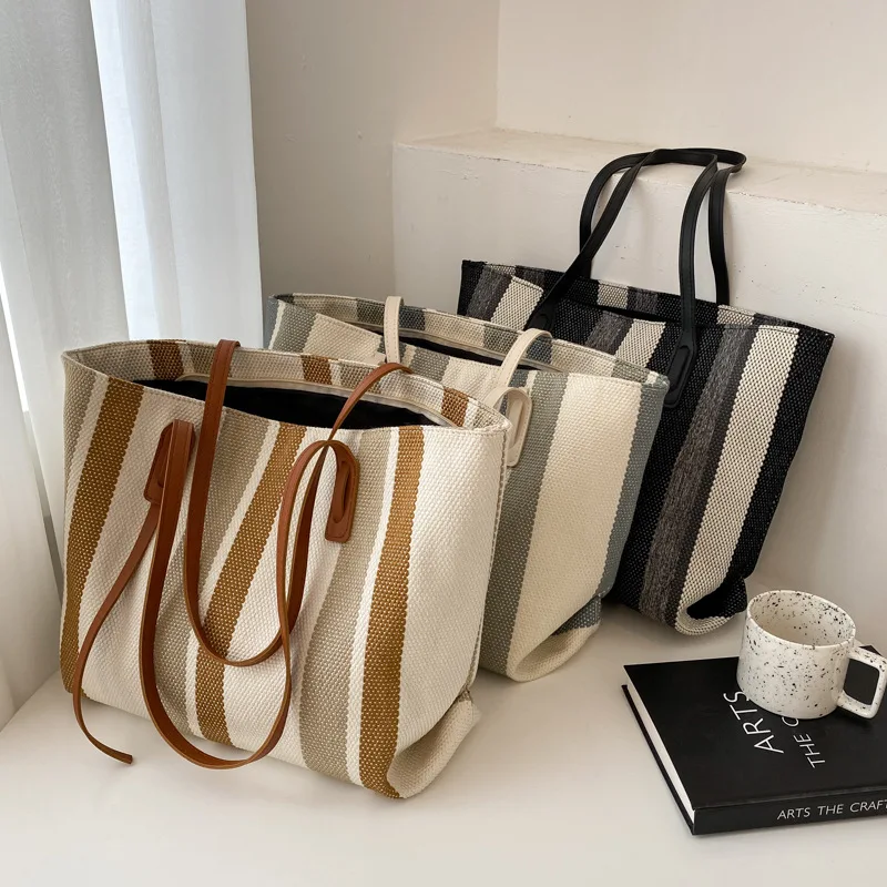 

Simple Striped Bag One Shoulder Bucket Canvas Casual Tote Bag Large Capacity Shopping Package Fashion Women Designer Handbag