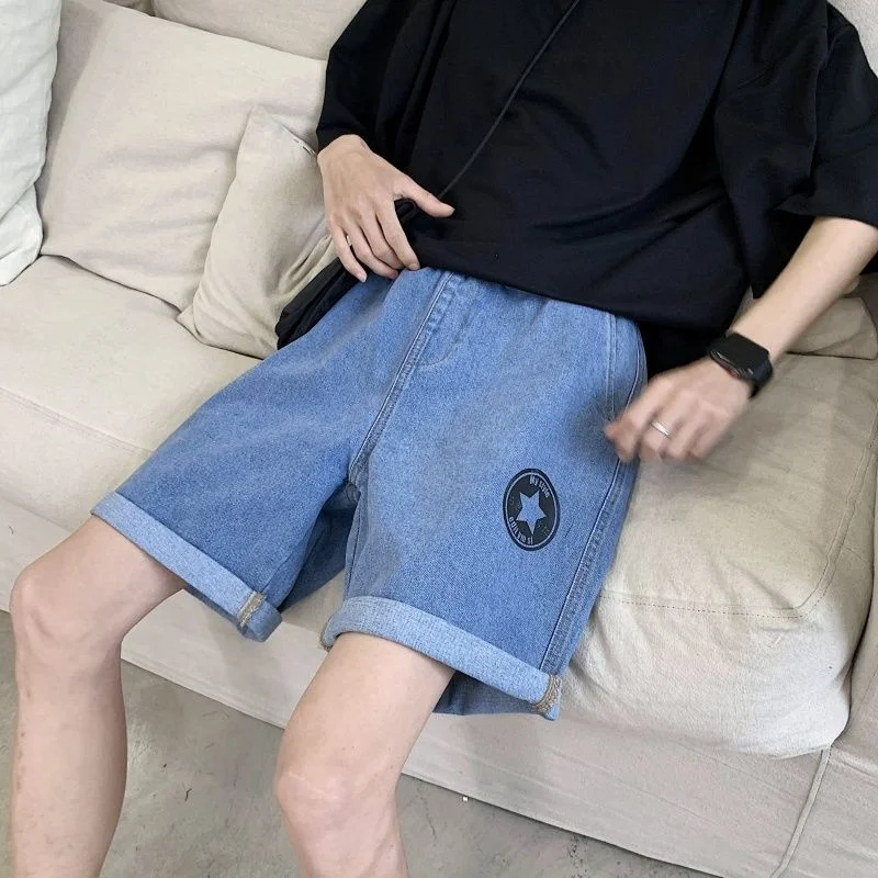 

Printed Jeans Men's Summer Wide Leg Straight Shorts All-match High Street Loose Retro 5-point Pants Washed Denim Pants Oversize