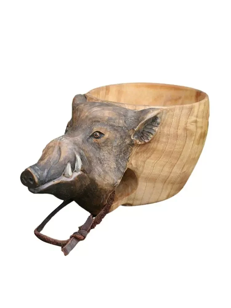 

Portable Wood Coffee Mug Rubber Wooden Tea Milk Cups Water Drinking Mugs Drinkware Handmade Animal Head Cup With Handle