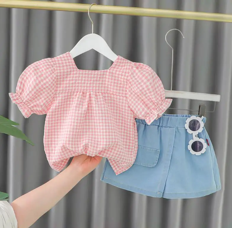 

Korean fashion baby clothes girl Plaid floral short sleeves T-shirt+denim shorts 2pcs/set Toddler Casual Clothing Kids Tracksuit