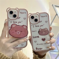 transparent love heart brown bear phone case for iphone 13 12 11 pro x xs max xr bear ears mirror head protect shockproof cover