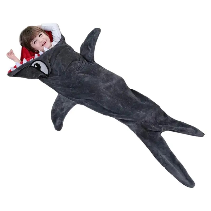 

Shark Sleeping Bag Flannel Shark Wearable Soft Warm Blanket Animal Tail Hoodie For Camping Trips Sleepovers Party Nights Blanket