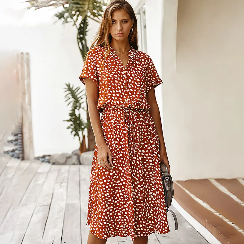 

Solid Dot Dress Elegant Bohemia Dresses Women Casual Summer Dress Belt Lace Up Button Dress Long Turn-down Collar Dress
