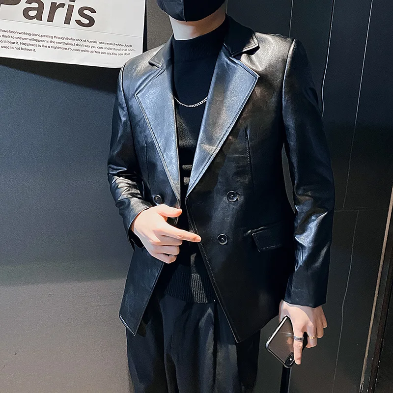 

Мужской облегающий Блейзер, черный деловой Повседневный пиджак из искусственной кожи, куртка в Корейском стиле для выпускного, большие раз...