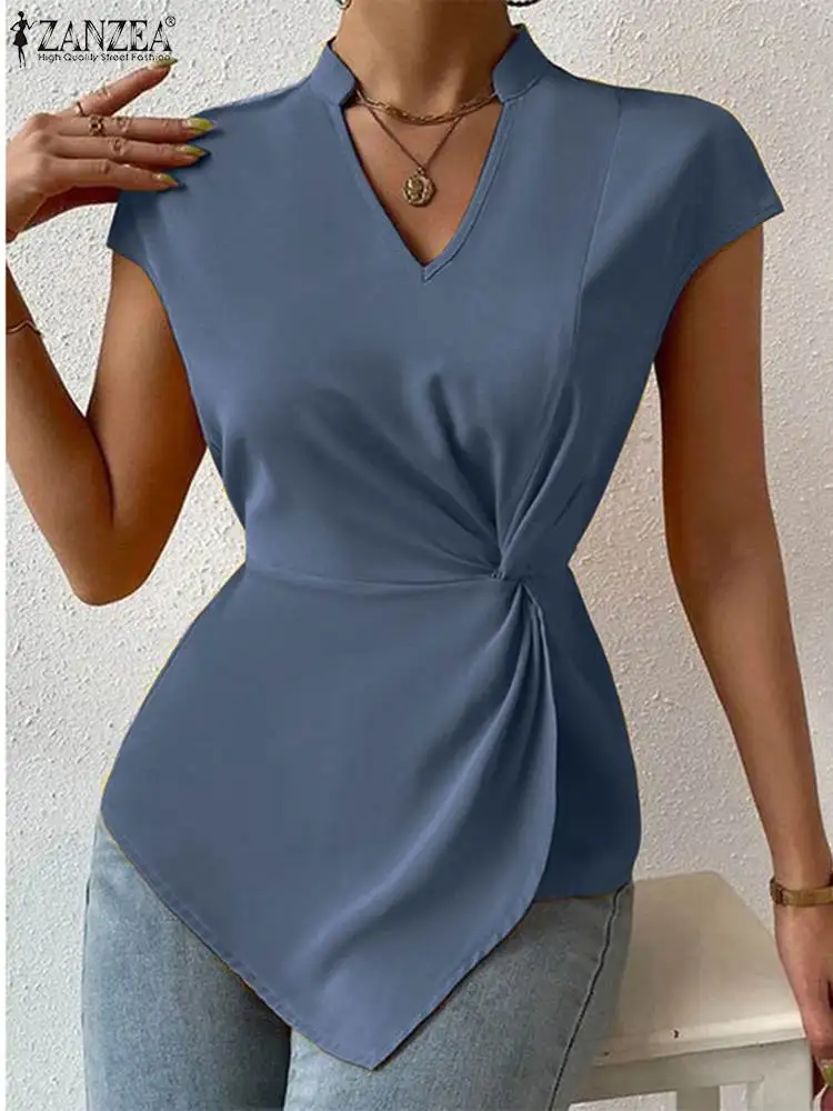 

Office Lady Solid Color Chic Blouses ZANZEA Women Fashion V-neck Short Sleeve Tops Twisted Waist Tunic 2023 Summer Vintage Blusa