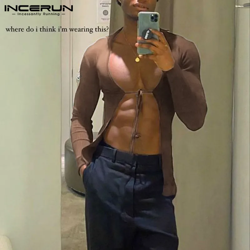 

INCERUN Men T Shirt Solid Color Long Sleeve Fitness Lace Up Casual Men Clothing Streetwear 2023 Elastic Fashion Camisetas S-3XL