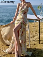 horetong new summer retro flower oil painting dress v neck ruffle backless dress 2022 new holiday dress maxi dresses for women