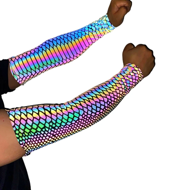 

Rainbow Colorful Reflective Arm Sleeves Glowing Compression Fingerless Gloves Hip Hop Party Sports Elbow Cover for