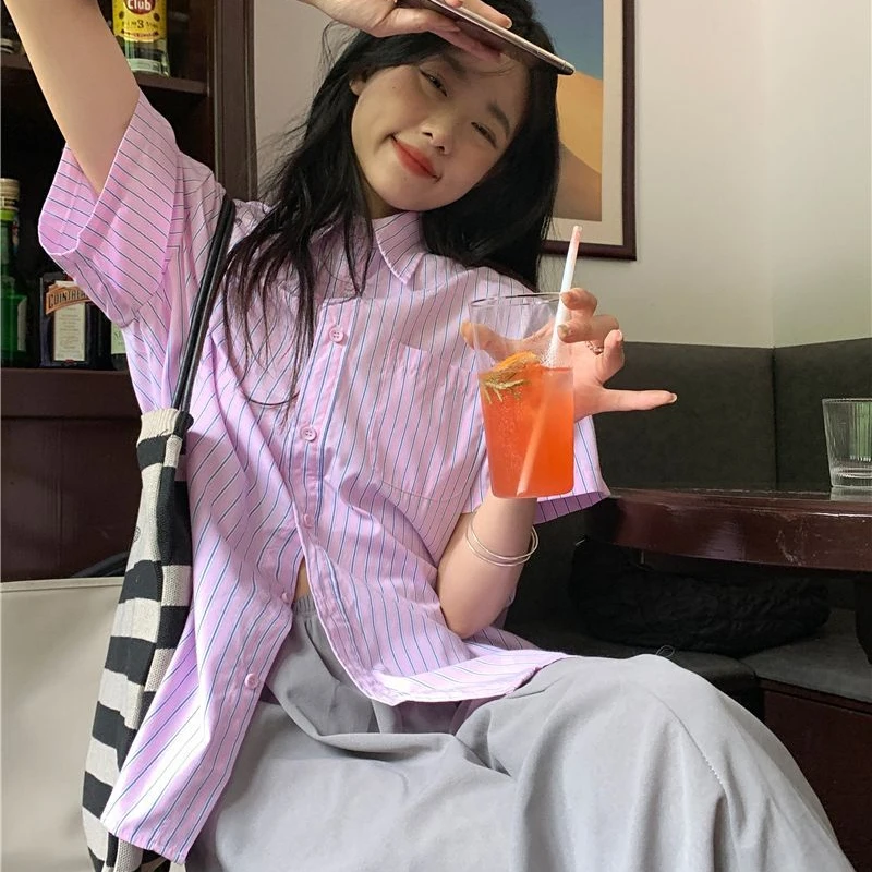 

MEXZT Harajuku Striped Shirts Women Streetwear Vintage Sun Proof Loose Short Sleeve Blouses Summer Korean Casual Sunscreen Tops