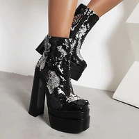 stiletto thick heel glitter short boots charming bling super high heels square toe black silver ladies ankle boots botas mujer