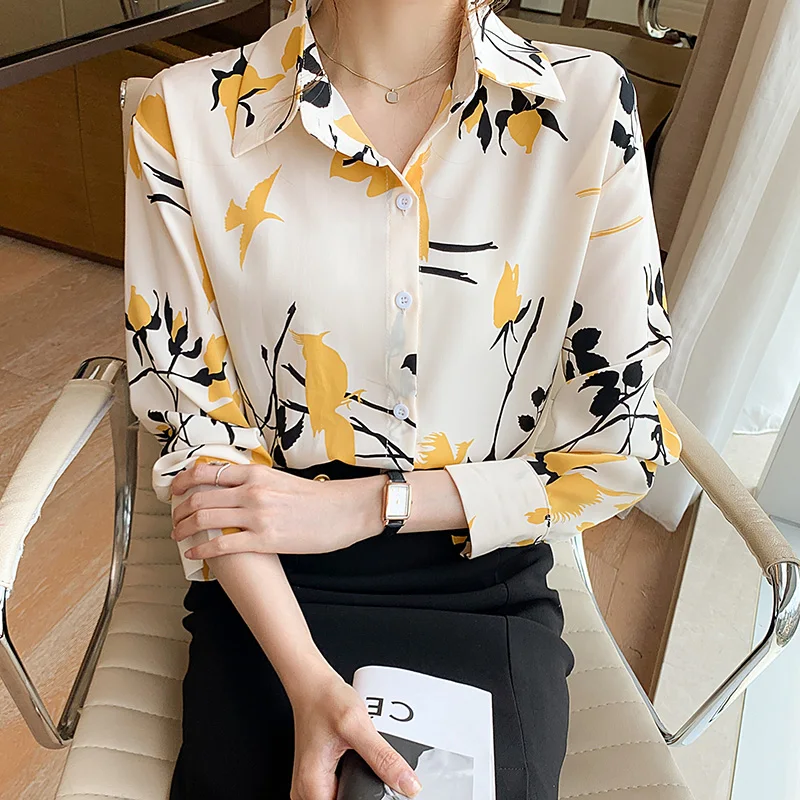 

Autumn Chiffon Women Shirts Long Sleeve Office Lady Button Up Shirt Vintage Flowers Shirt Women Ladies Tops Camisas Para Mujer