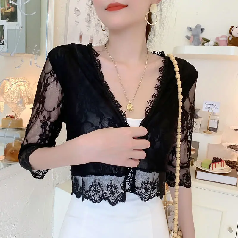 Черное белое розовое Персиковое женское болеро с длинным рукавом кружевная