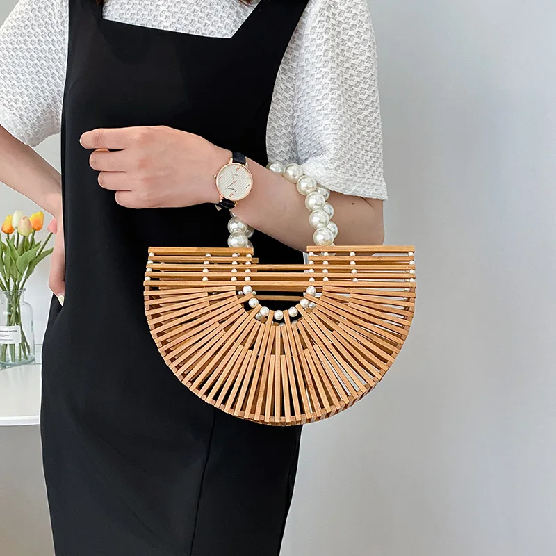 

Bamboo Woven Women Crossbody Bag Bohemian Summer Straw Beach Bags Beaded Shoulder Bag Luxury Designer Semicircle Female Handbags