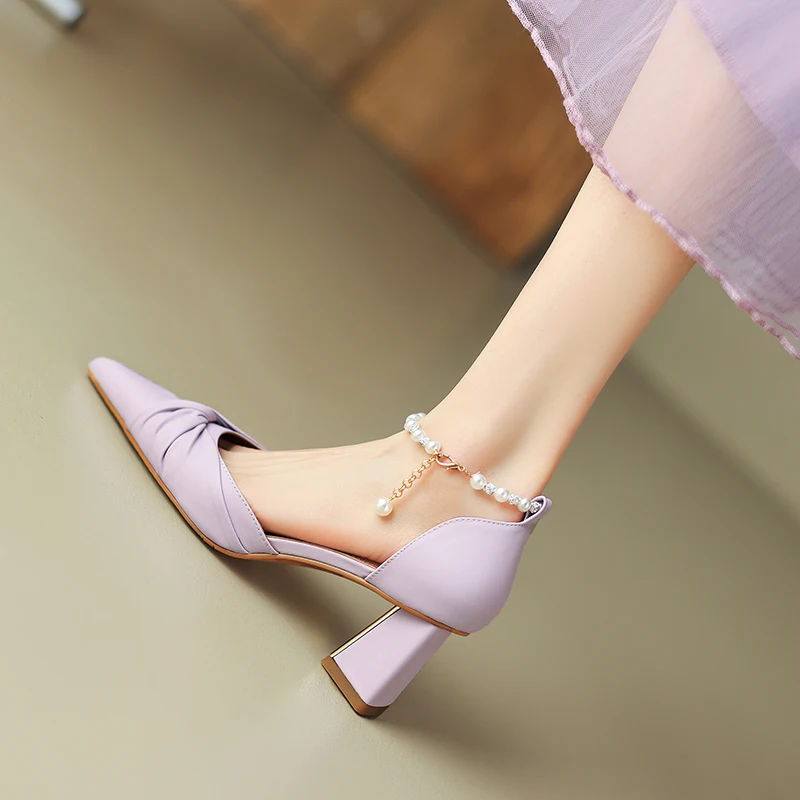 2023 New Women's Split Leather Shoes High Heel Sandals Summer Fashion Chunky Heel Pointed Toe Party women Shoes  Ladies Shoes